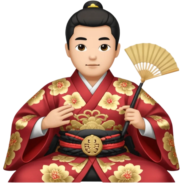Wealthy warlord in ornate kimono, crest on chest, seated with fan in hand. emoji