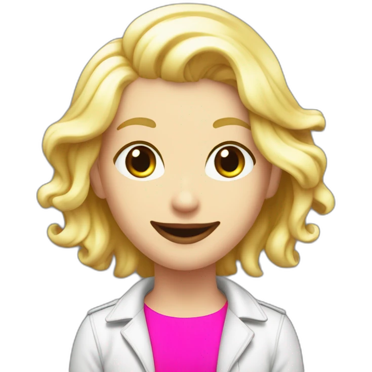 Joyful white hacker with fluorescent and playful pink shirt, passionate about programming and art, blond hair red lip round and black bezel emoji