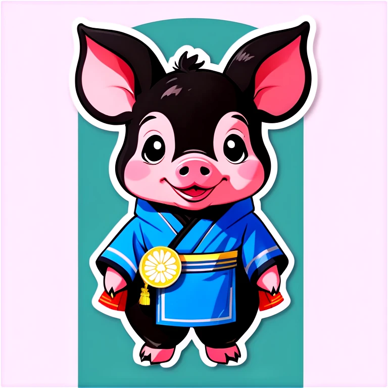 A black piglet wearing korean traditional cloth with "luck” written on it. emoji