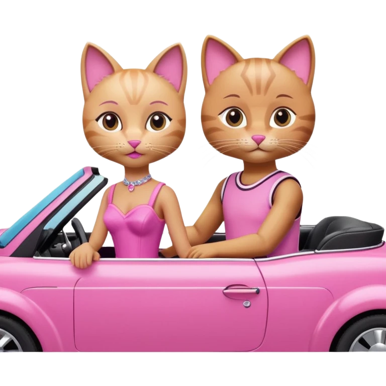 two cats with clear feline features, dressed in Barbie and Ken outfits, in a pink convertible emoji