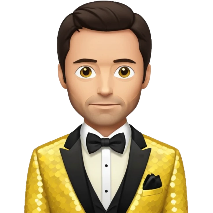 Hugh Jackman with dark brown hair, yellow sequin suit with bow tie emoji