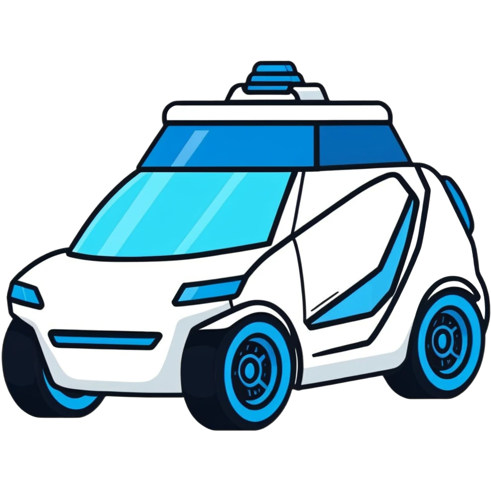 Futuristic retro hover car with angular design and glowing blue wheels, flat vector style, minimal color palette with blue highlights emoji