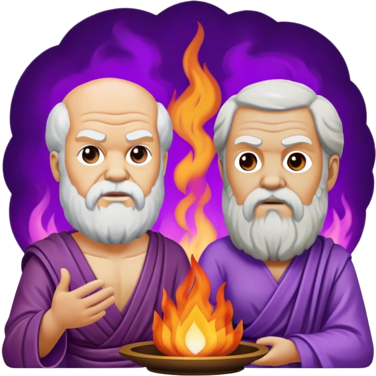 Socrates and Plato in discourse around a purple fire emoji