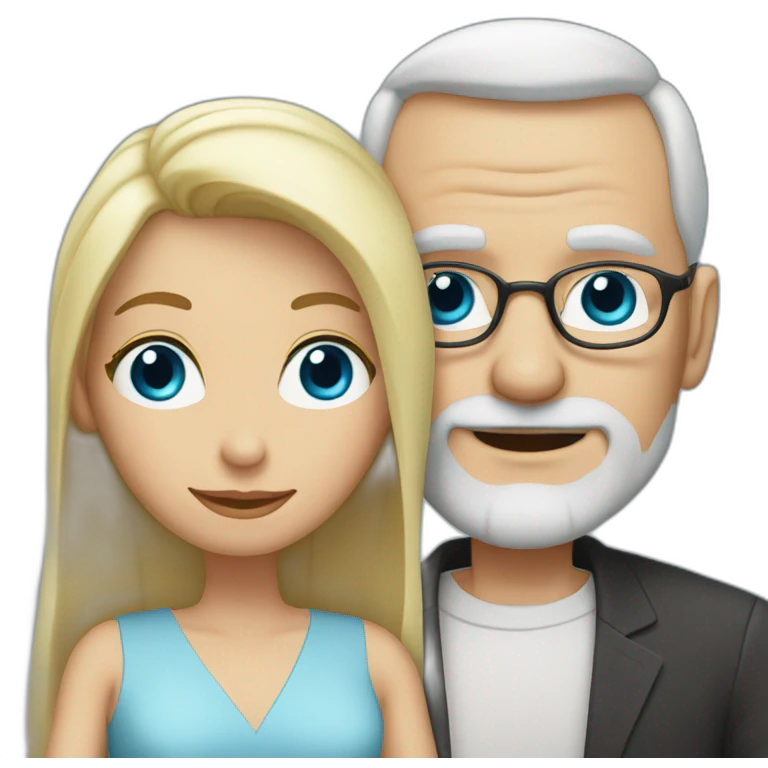 Blonde woman with blue eyes marries an older man with blue eyes, glasses without hair and a gray beard emoji