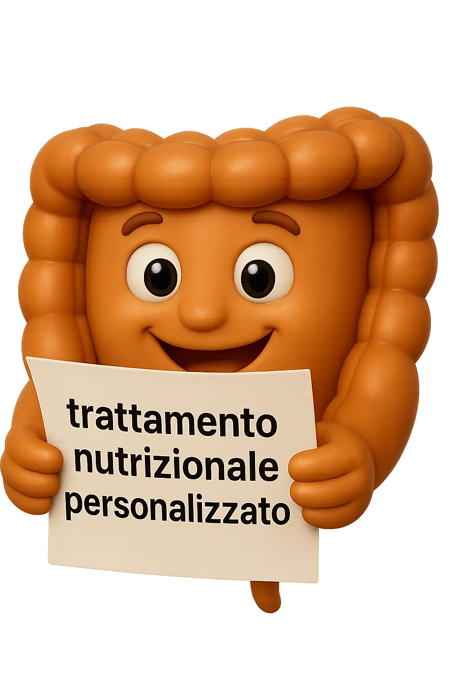 emoji stile iphone di un intestino felice che legge un foglio con la scritta "trattamento nutrizionale personalizzato", non fargli il naso, iperrealistico 4k emoji