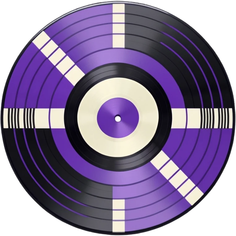 black pixel art vinyl record with a purple and white striped middle label, pixel art, as if you were looking at it from an angle emoji