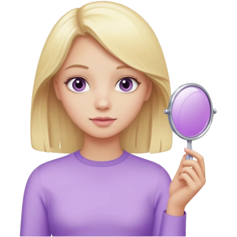 девушка блондинка держит в руке пастельно фиолетовое зеркальце emoji