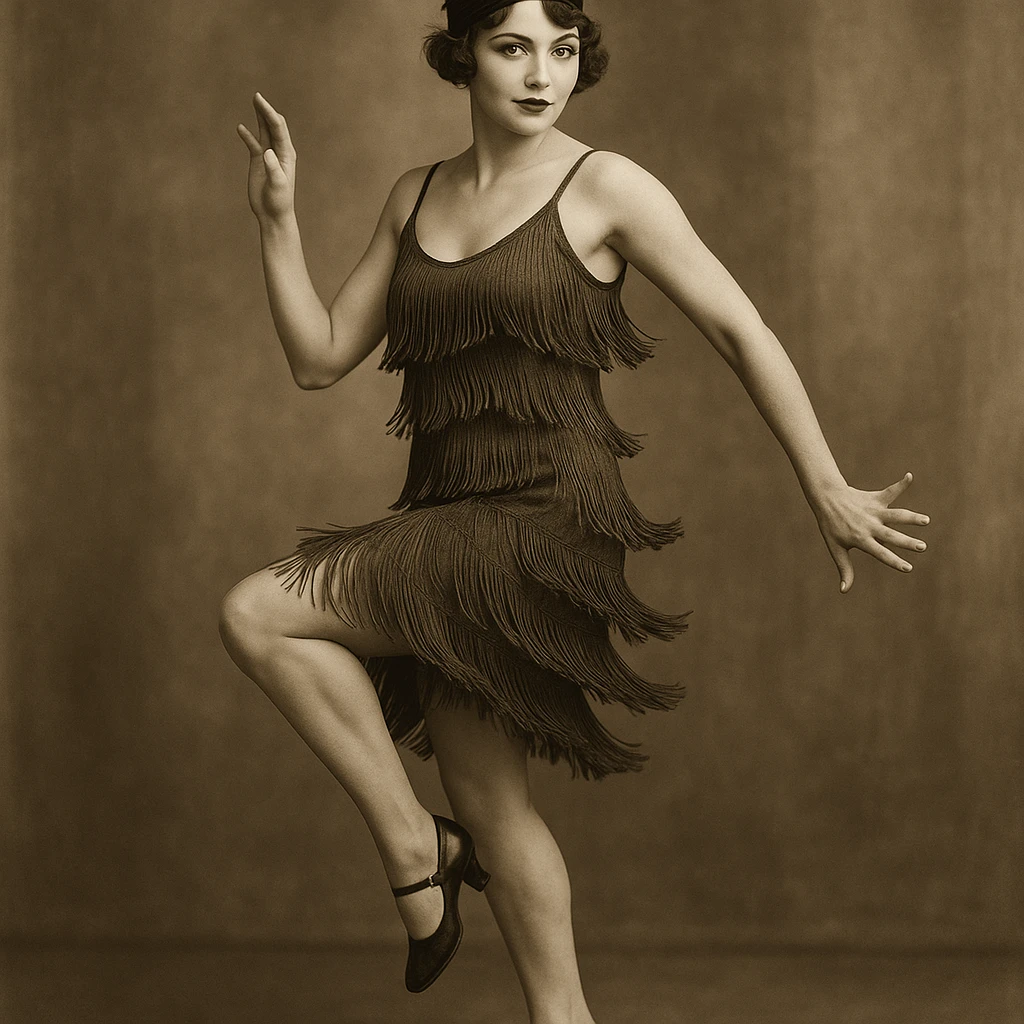 1920s woman, Charleston dancer, fringe dress, confident expression, retro style, vintage fashion, elegant emoji
