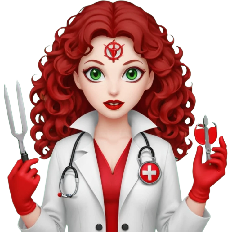 Lilith symbol sexy evil woman. She has green eyes.  had brown long curly hair.  evil surgeon kills with scalpel wears red sexy doctor coat with red mouth cover red gloves emoji