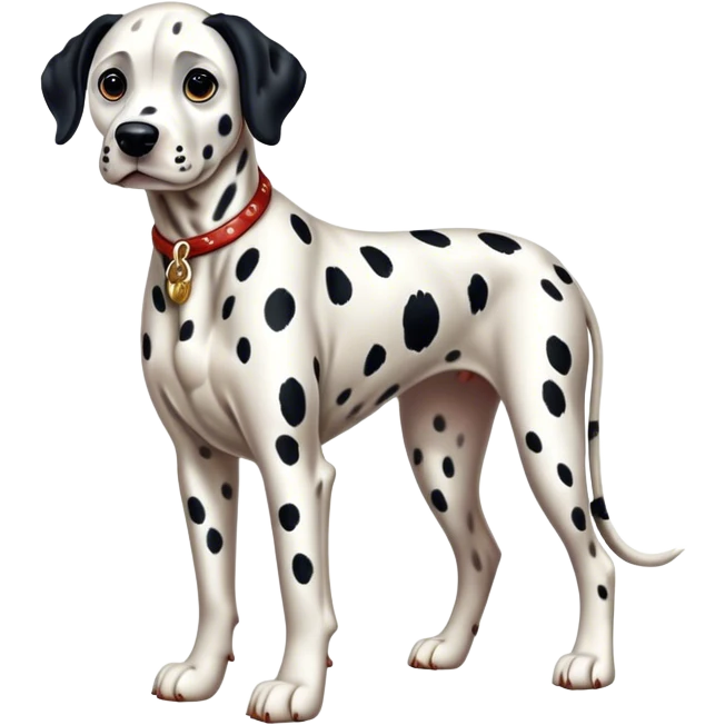 Cinematic Realistic full-body portrait of a Dalmatian dog, rendered with glossy, meticulously detailed spotted fur and expressive, alert eyes, set against a clean, neutral backdrop that highlights its regal and athletic stance. emoji