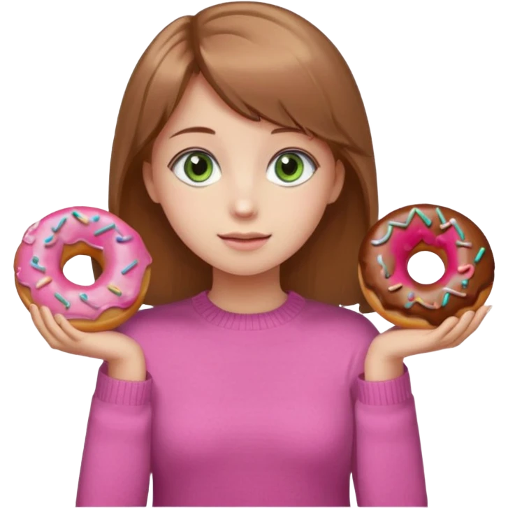Девушка с русыми волосами и коричне- зелёными глазами и в розовой кофте где нарисованы пончики emoji
