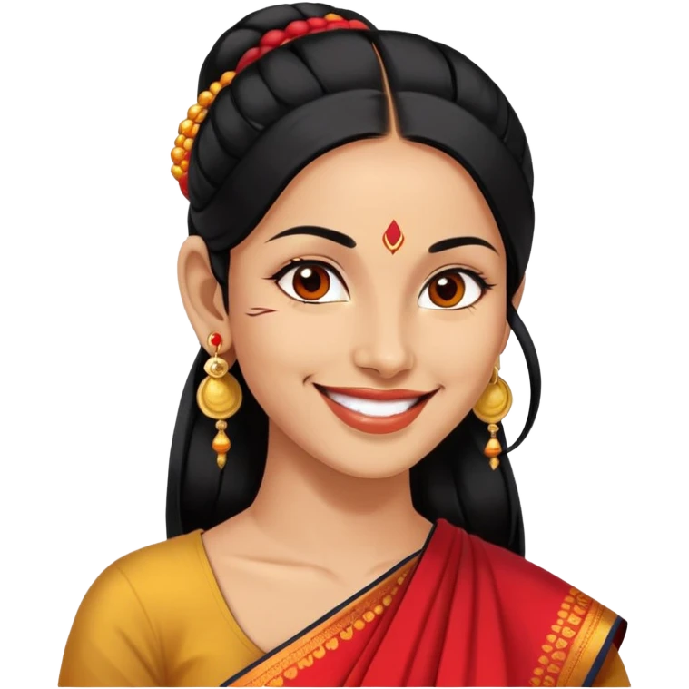 Phụ nữ 35 tuổi, da vàng, tóc buộc dài màu đen, có chấm đỏ bindi trên trán, mặt cười tươi, đeo khuyên tai tròn to bằng vàng, nửa thân trên emoji