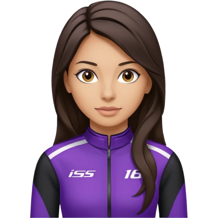 brunette long hair woman with black racing outfit with single purple strips emoji