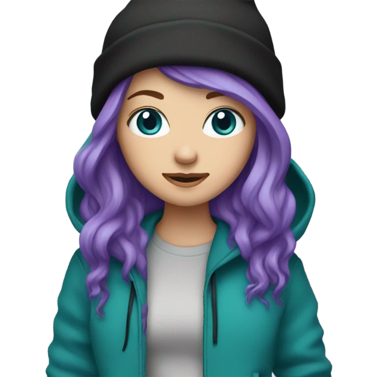 White girl, blue eyes, long teal hair, purple beanie hat, black hoodie, blue jeans, black shoes emoji