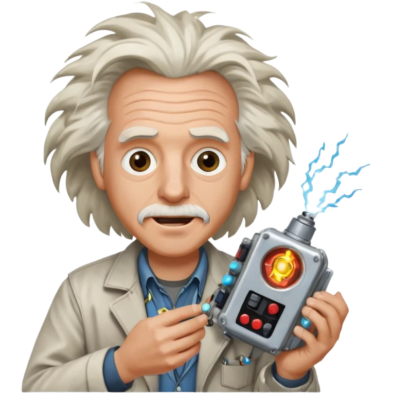 Doc Brown from Back to the Future, holding a flux capacitor, excited face, wild hair emoji