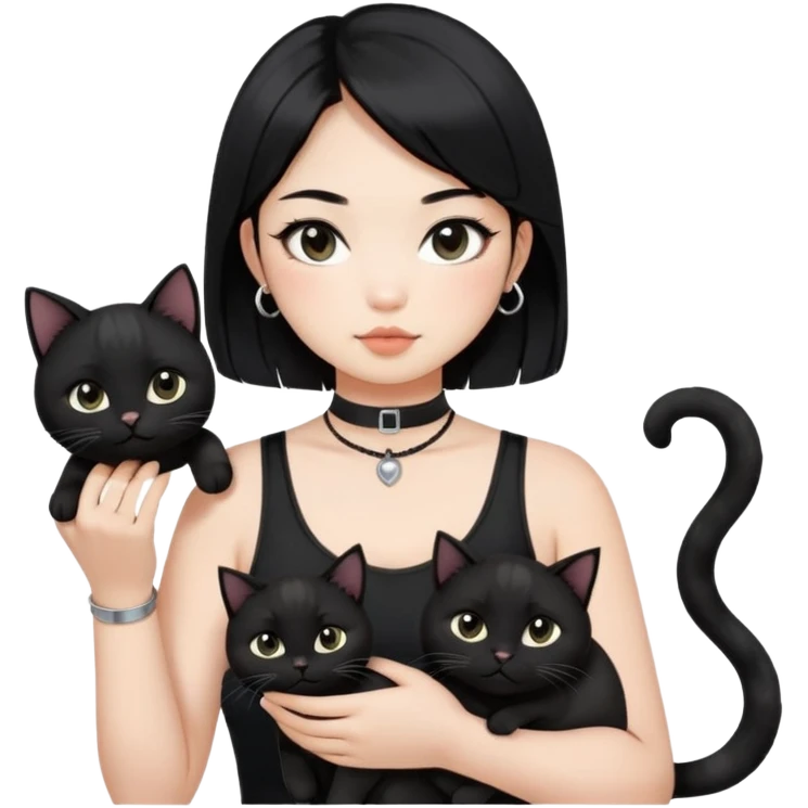 Asian girl, black hair.  Holding two BLACK cats with one cat has a round fat face. Both pure black.  The girl also wearing a black singlet, a black chocker, silver round hook earring, and wearing eyeliner.  emoji