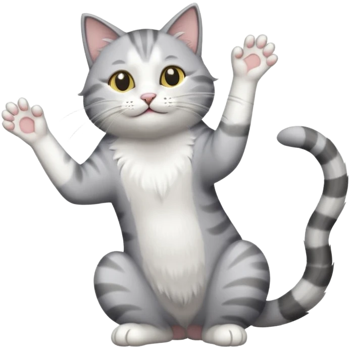 grey and white cat doing a big long stretch reaching up into the air emoji