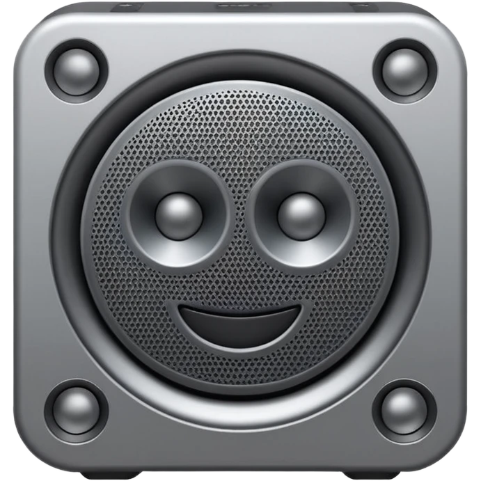 Minimal emoji icon of a modern metallic speaker, front view, detailed geometry, dark metallic body, subtle highlights, isolated emoji