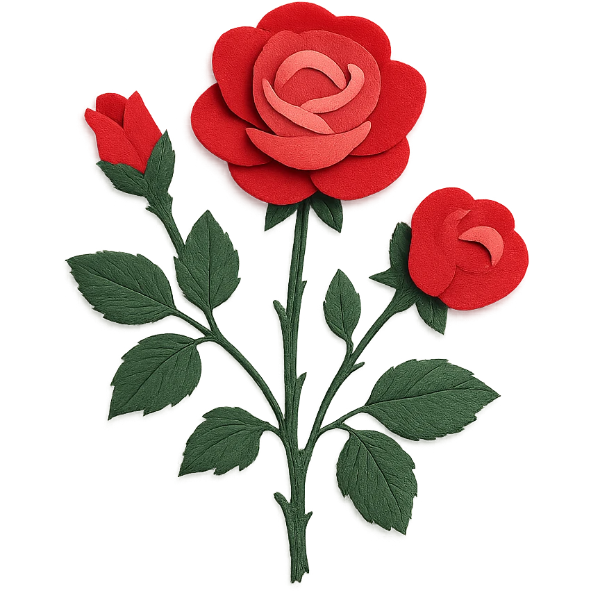 rose bush, layered paper details, vibrant red and pink roses, realistic foliage emoji