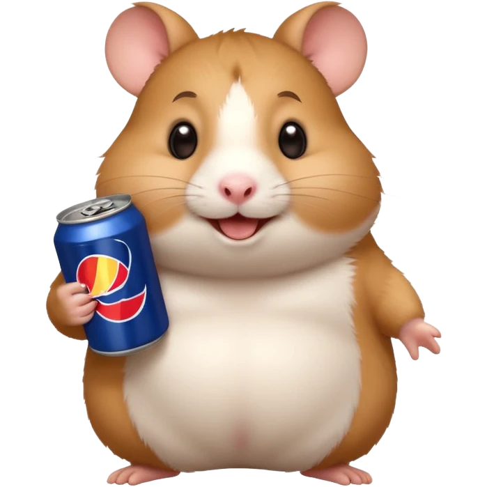 Funny cartoon-style fat hamster wide eyed with a can of redbull emoji