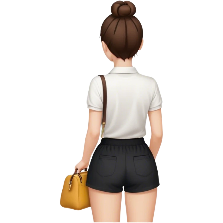 pretty girl back view white polo black shorts brown hair in a bun white bag emoji