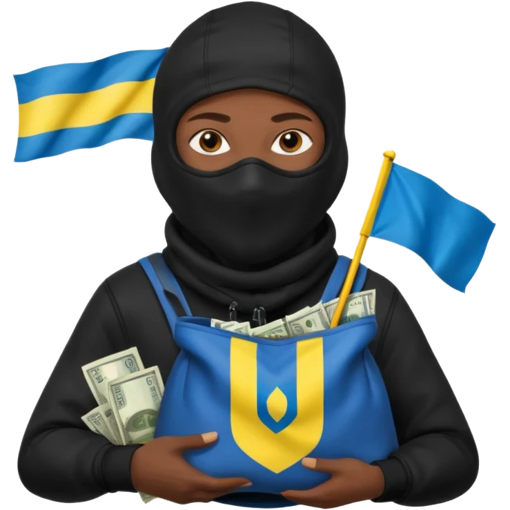 создай украинца в черное одежде и черной балаклаве с большим мешком денег на котором есть флаг страны в руках emoji