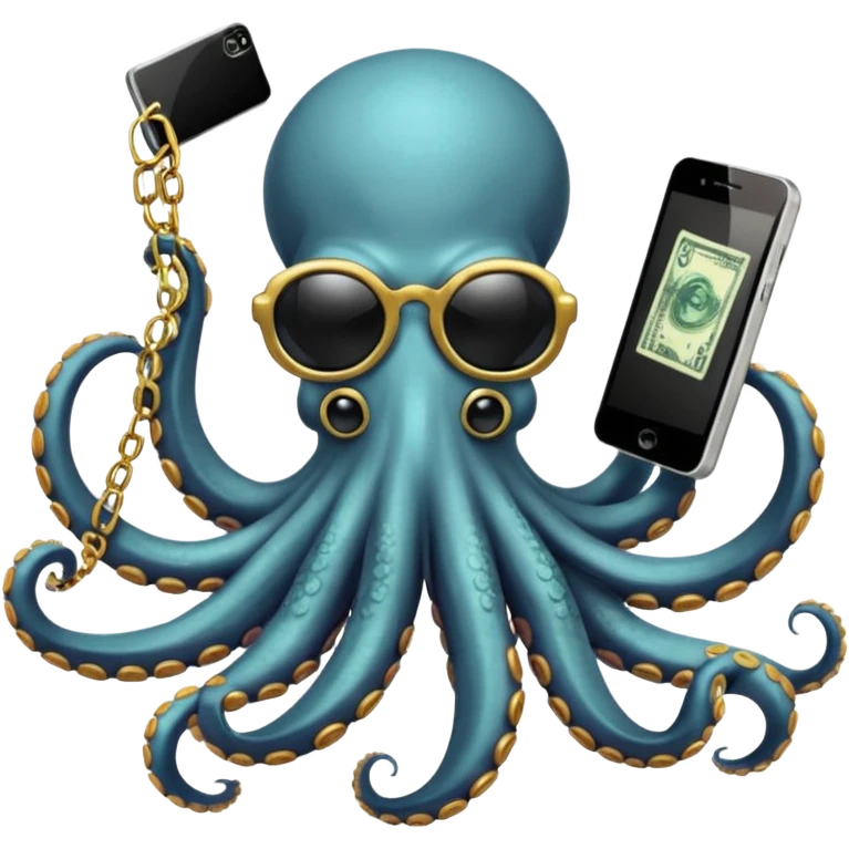 Intimidating octopus with pearl white skin, black suction cups. Wearing black mirrored sunglasses and a gold chain. 3 tentacles are holding their own cellphone with one held to the side of its face as if its on a phone call, 2 other tentacles are holding stacks of money emoji