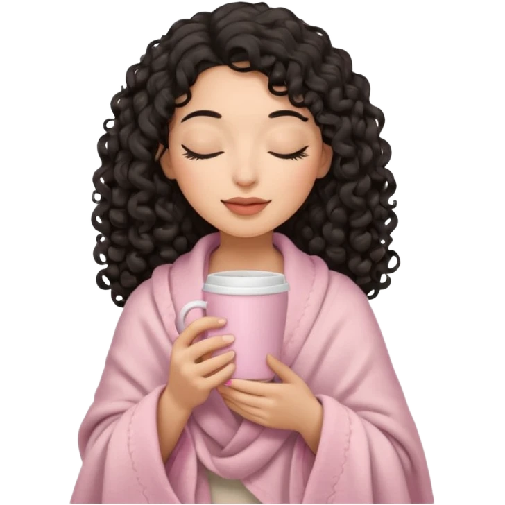 hispanic woman, black long 3b curls, closed eyes, feminine face, holding soft pink coffee cup with beige blanket over shoulders emoji