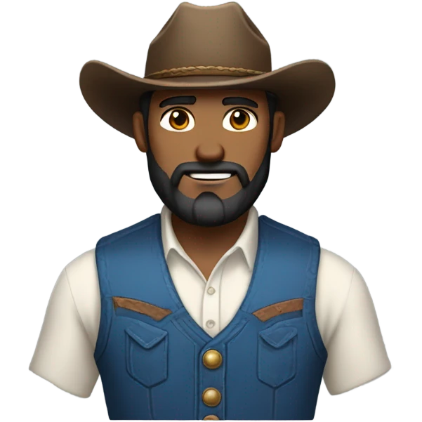 a rugged cowboy with a thick beard, wearing a blue vest over a classic western shirt. He should have a confident stance, showing full torso emoji