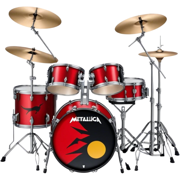 Create a powerful and dynamic emoji representing Lars Ulrich's drum kit. The design should feature a heavy-duty, professional drum set with a large bass drum, snare, toms, and multiple cymbals, reflecting Lars' iconic setup. The drums should have a bold, metallic look, with dark, aggressive colors like black, silver, and red, reflecting the heavy metal aesthetic. Add subtle details like the Metallica logo on the bass drum or cymbals to emphasize the connection with the band. Use musical notes and sound waves to evoke the intense rhythm and energy of Lars Ulrich's drumming style. The background should be transparent. emoji