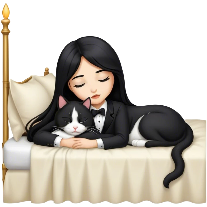 Single long Black hair girl sleeping with tuxedo cat emoji