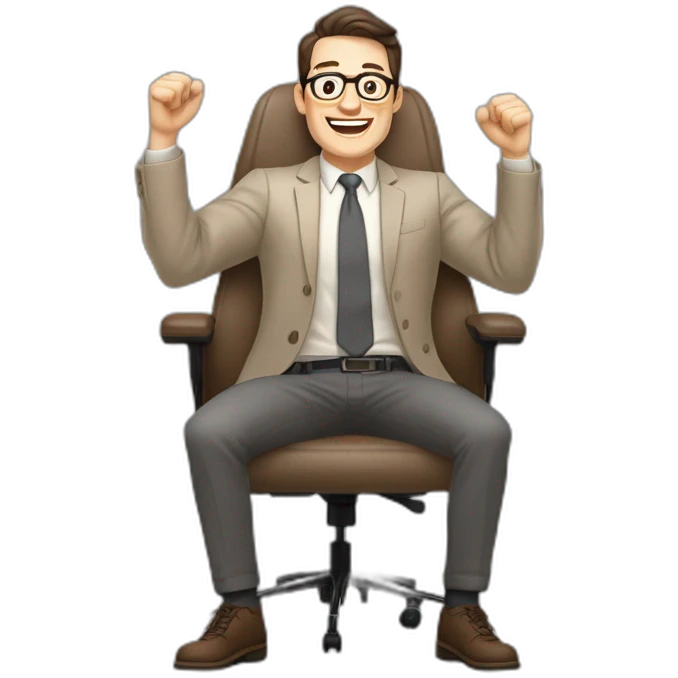 Joyful Celebrating victory Hands up Pale skinned Fit Man With dark brown hair in gray jacket, beige office shirt, Brown pants and vintage glasses sitting In a soft chair emoji