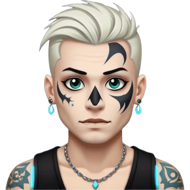 white skin Rock-style man — piercings, glowing tattoos on face emoji
