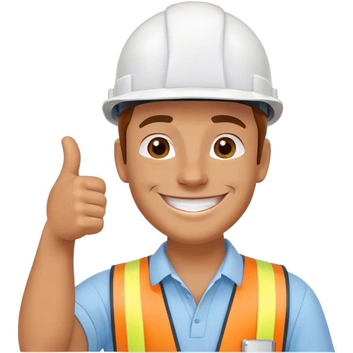 pria karyawan konstruksi mengunakan helmet putih dan berseragam biru langit dan tersenyum dan mengacungkan jempol emoji