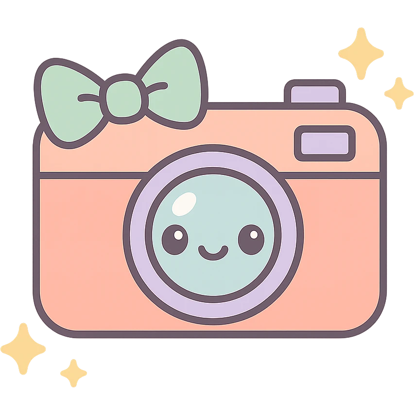 a camera kawaii style with a bow sparkles around emoji