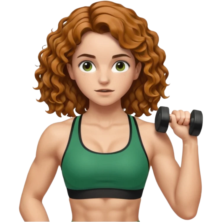 big biceps, muscled torso, very beautiful italian happy girl, looking like Emma Watson, with wavy curly bright hazelnut hair, dressed in green bra sports outfit, pulling up emoji