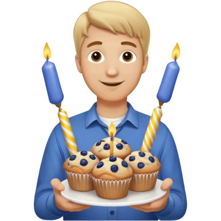 It is my friend virginias birthday. Create emoji with me saying happy birthday Virginia while holding blueberry muffins with birthday candles in them! I am a white man make the emoji with dirty blonde hair. Have a banner that says happy birthday  emoji