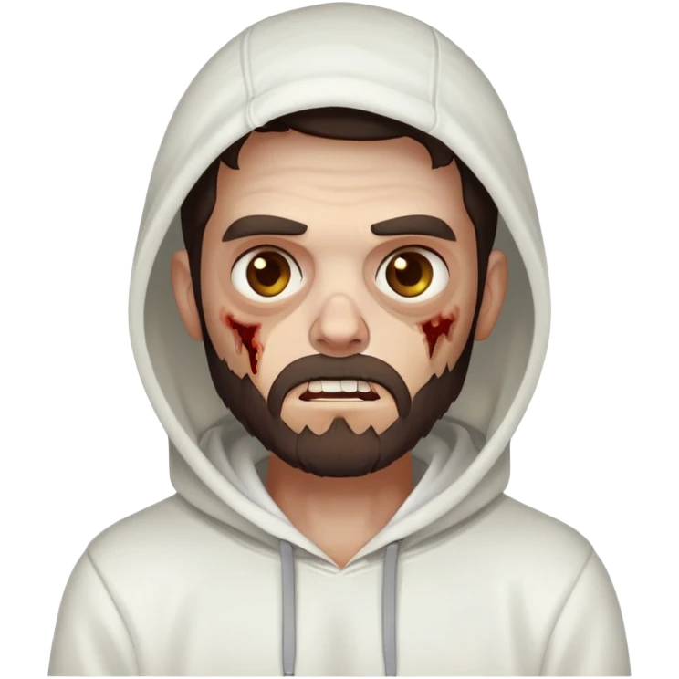 thinking zombie wearing plain white hoodie with no designs, dark brown hair and short full beard emoji