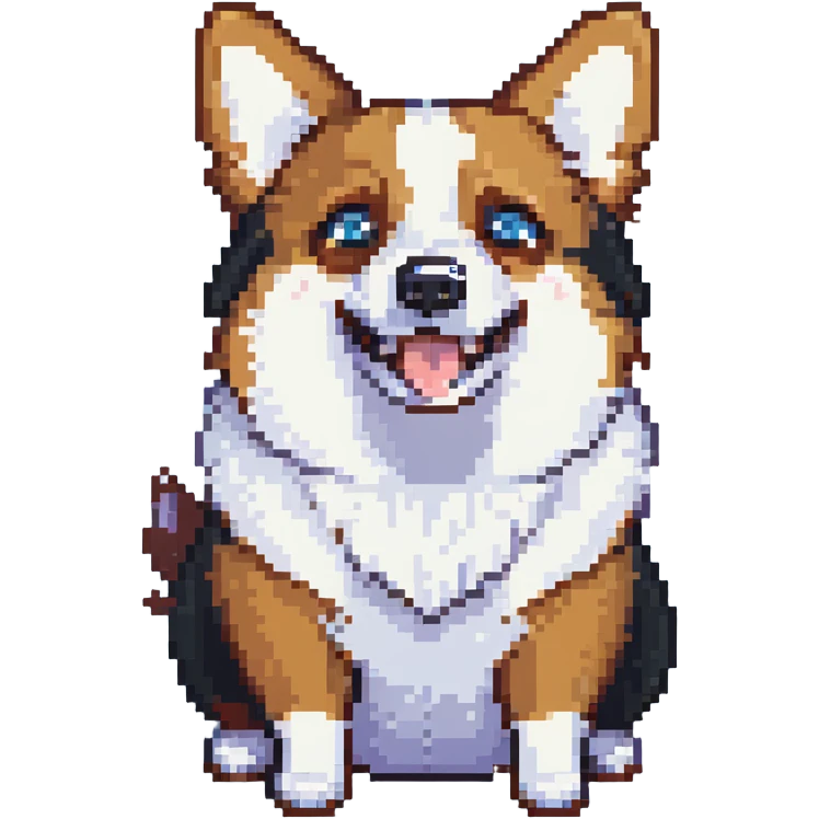 pixel art style anthropomorphic corgi, black fur, white underbelly, one brown eye, one blue eye, scared expression emoji