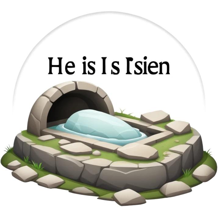 An empty tomb with stone rolled away and "He is risen" text emoji