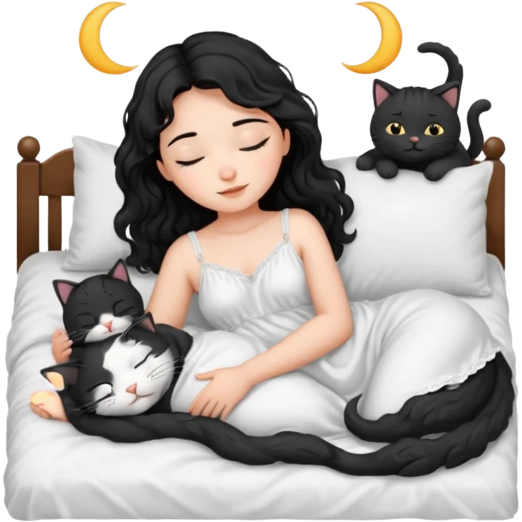 angelic sleeping black wavey hair girl in the bed with her cats emoji