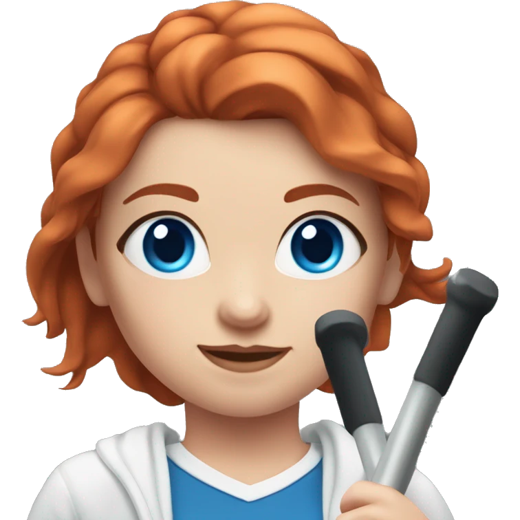 Red-haired sporty girl with fair skin and blue eyes in a white sweater and blue leggings with a barbell emoji