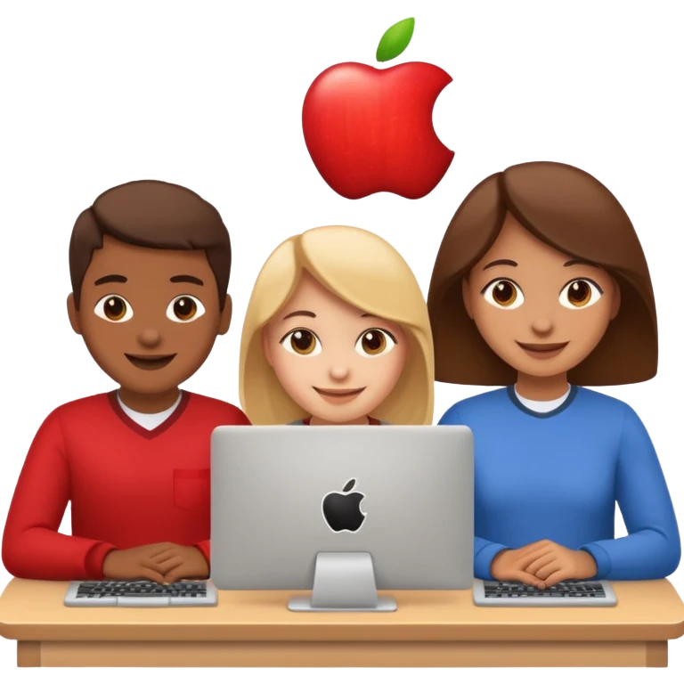three diverse students working on code with computers, friendly, apple emoji style emoji