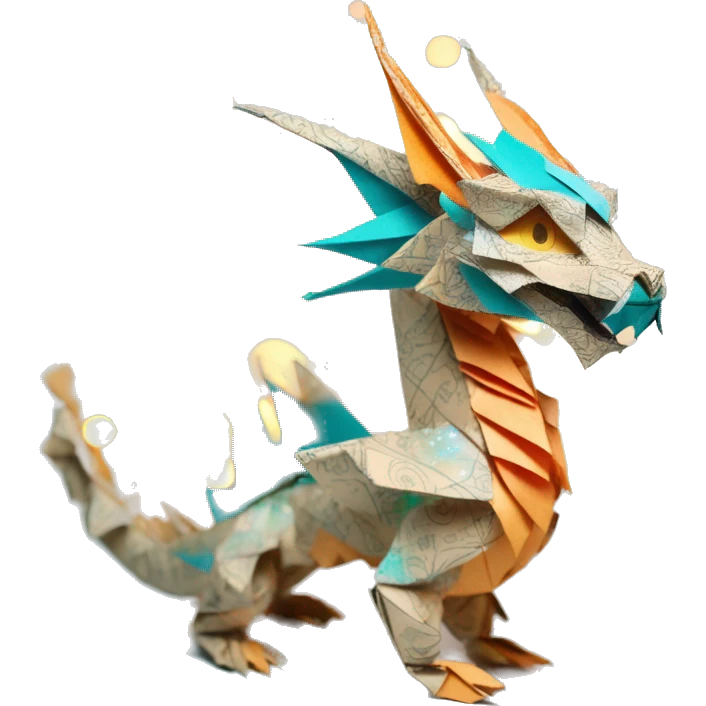 Sparkling patterned Beige Origami dragon with a dried flower crown made of newspapers intricate patterns surrounded by fairy lights nebula galaxy stars swirls iridescent orange cyan yellow emoji