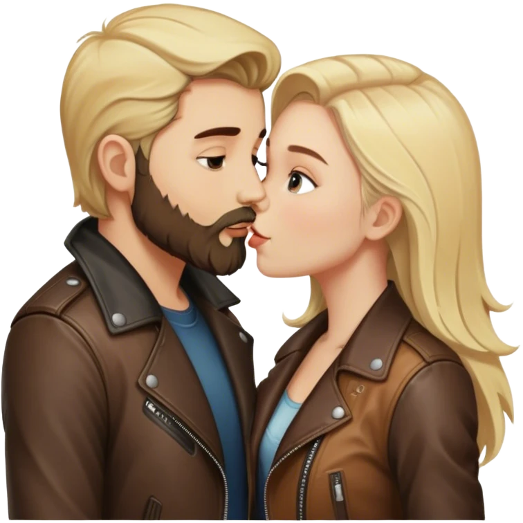 A blonde girl with kissing a brunette boy with a beard and leather jacket  emoji