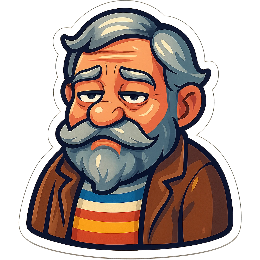 A dwarf with gray hair, a gray mustache, a gray beard, and gray eyebrows. He has blue eyes and wrinkles on his forehead. He is wearing a striped t-shirt and a brown jacket. The dwarf is displaying a boredom emotion. emoji