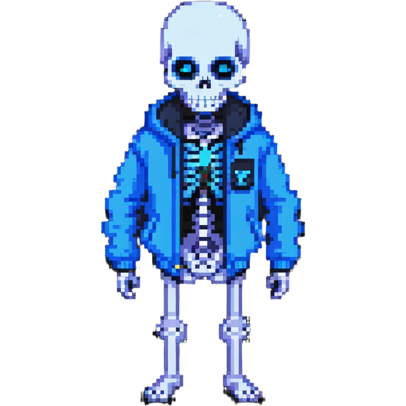 Sans skeleton character from Undertale with blue jacket and glowing blue eye emoji