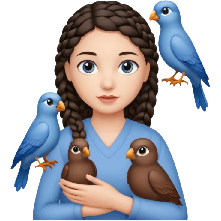 женщина с одной темно-коричневой косой серо-голубыми глазами и светлой кожей держит на руке трех птиц коричневого цвета emoji