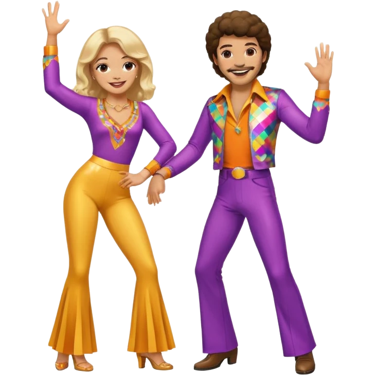 hombre y mujer bailando con ropa de disco de los 70s emoji