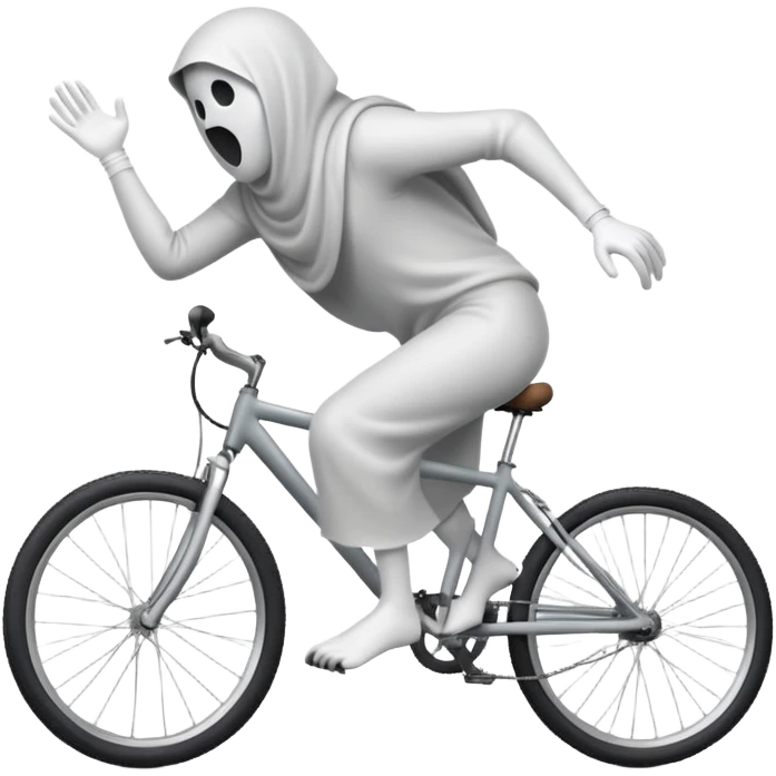 Ghost on bicycle, 3d pictogram, full body, male, arms covered by cloth and invisible, holding handlebars, left hand also holding handlebars, riding mountain bike, straddling bicycle, mountains in background removed emoji